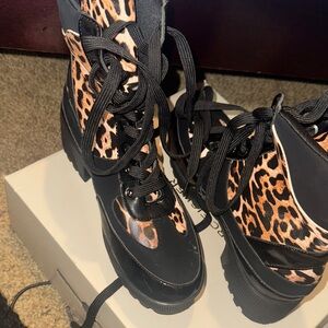 Cheetah print chunky heel laced boots